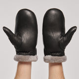 Cozy Men's Leather Mittens with Natural Fur in Black.